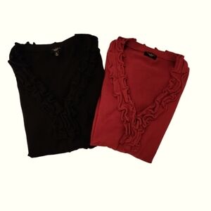 Talbots Established 1947 Bundle Red/Black Petite M Ruffle Button Front Sweaters